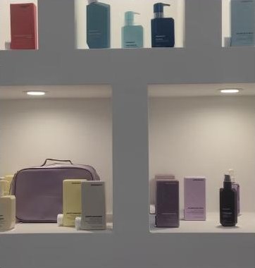 Prateleira com produtos de cabelo em tons pastel